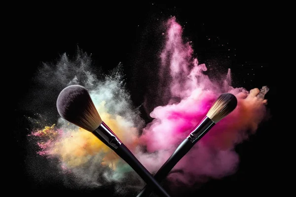 Kozmetik fırça ve patlama renkli makyaj toz arka plan