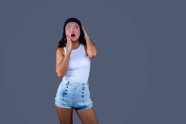 Chinese Woman Bandana Isolated Background Funny Expression — Stock Photo, Image