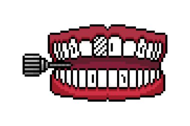 Illustration of teeth biting a bolt in pixel art style