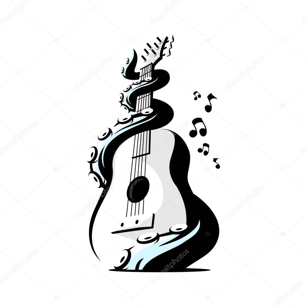 Vector octopus tentacles wrapped around a classical guitar