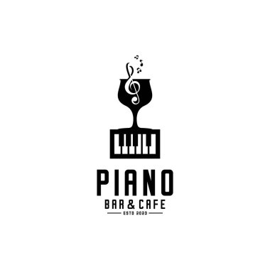  Piyano bar logosu, müzik aletleriyle dekore edilmiş piyano klavyesinde bir bardak şarap vektörü.