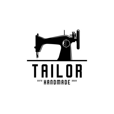 Dikiş makinesi, terzi logosunun siyah ve beyaz vektör tasarımı