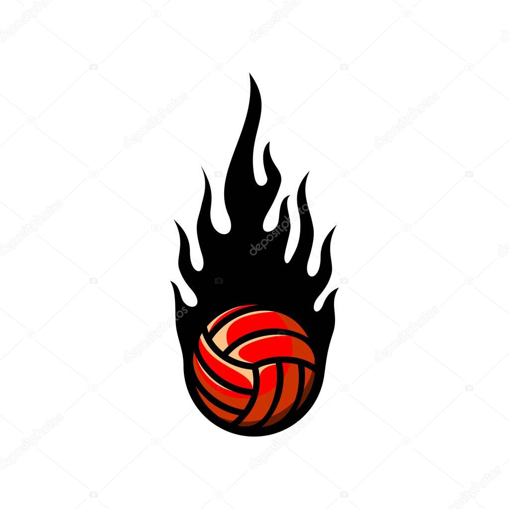 A volleyball ball with a blazing fire burning