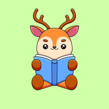 Sevimli geyik kitabı maskot karikatür karalama el çizimi konsept vektör kawaii ikon illüstrasyonu