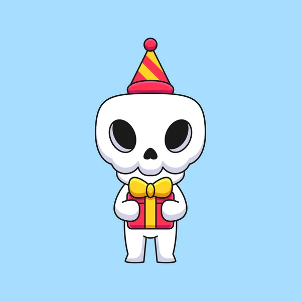 Cute Birthday Skull Cartoon Mascot Doodle Art Hand Drawn Concept — Stock Vector