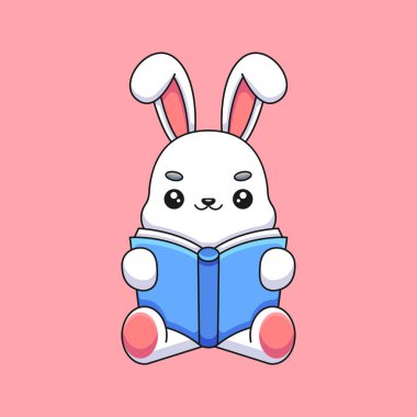 Sevimli tavşan okuma maskotu karalama sanat el çizimi konsept vektör kawaii ikon illüstrasyonu