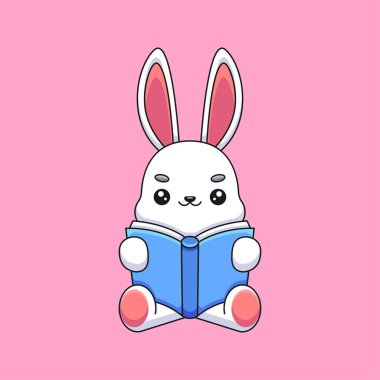Sevimli tavşan okuma maskotu karalama sanat el çizimi konsept vektör kawaii ikon illüstrasyonu