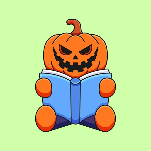 Lindo Calabaza Halloween Lectura Libro Dibujos Animados Mascota Doodle Arte — Vector de stock