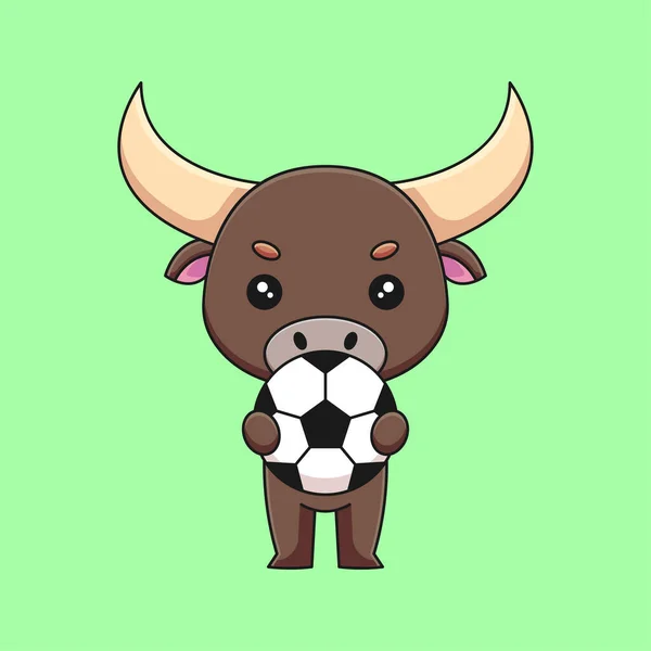Lindo Toro Celebración Bola Fútbol Dibujos Animados Mascota Doodle Arte — Vector de stock