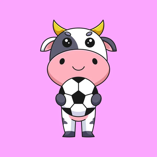 Vaca Linda Celebración Bola Fútbol Dibujos Animados Mascota Doodle Arte — Vector de stock