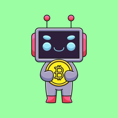 Bitcoin karikatür maskotu çizen sevimli robot taslak çizim konsept vektör kawaii ikon illüstrasyonu