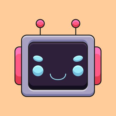 Kare şeklinde, büyük gözlü ve neşeli bir ifadeye sahip bir robot kafanın şirin ve ilginç bir çizgi film çizimi. Teknoloji aşıkları, çocuklar ya da robotların gelecekteki cazibesini seven herkes için mükemmel.