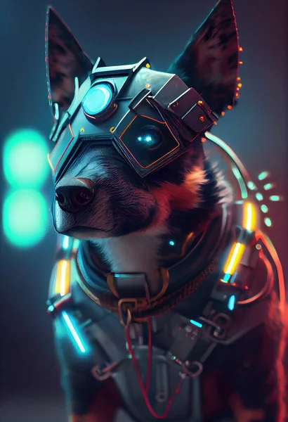 The cyberpunk dog illustration represents technology, strength, and speed. This illustration features a futuristic canine with enhanced abilities and a cool, cyberpunk look
