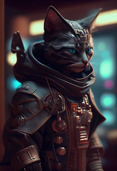 Cybernetically enhanced feline cat assassin. Equipped with deadly claws, ninja skills and tech-savvy. Lurking in neon-lit alleys, a formidable foe