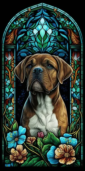 The dog on stained glass illustration showcases a loyal canine figure surrounded by vivid and ornate stained glass designs. The image radiates a sense of loyalty and devotion