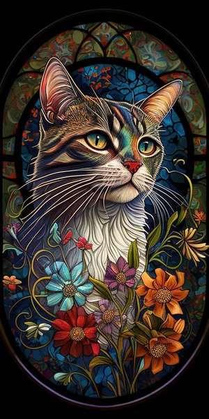 The cat on stained glass illustration depicts a feline figure surrounded by colorful and intricate stained glass patterns. The image evokes a sense of elegance and mystery