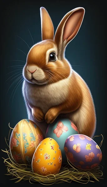 Rabbit with Easter eggs portrays a cute bunny with colorful eggs, symbolizing the joy and spirit of Easter
