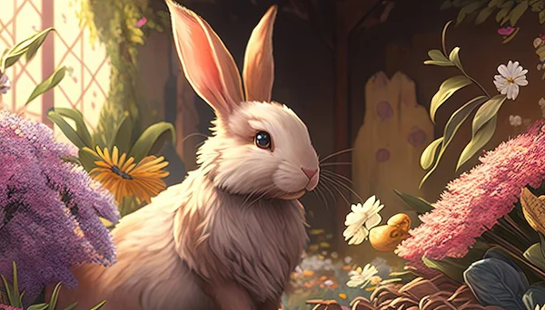 Rabbit on garden flower showcases an adorable bunny amidst colorful blooms, evoking a sense of nature and whimsy