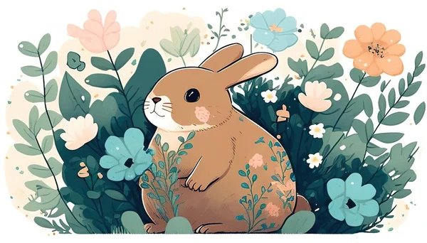 Rabbit on garden flower showcases an adorable bunny amidst colorful blooms, evoking a sense of nature and whimsy