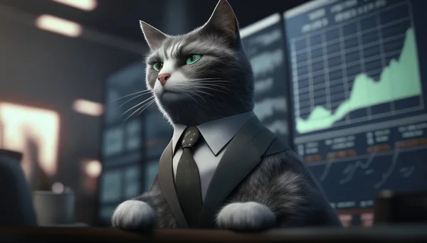 Cat trader showcases a smart and intuitive figure analyzing market trends and making profitable trades, symbolizing intelligence and agility