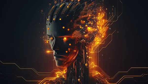 Creative fusion of circuitry and head shape, symbolizing human-machine synergy