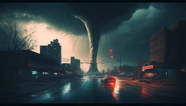 Apocalyptic scene of city in tornado's path, destructive force at its peak