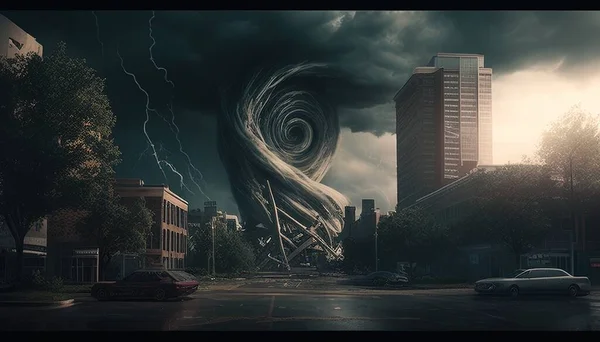 Apocalyptic scene of city in tornado's path, destructive force at its peak