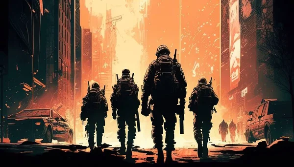 Desolate city after nuclear war, as team of soldiers march on in search.