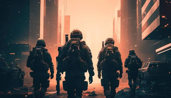 Desolate city after nuclear war, as team of soldiers march on in search.