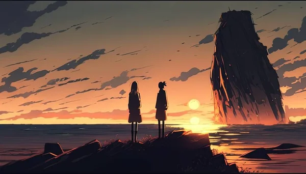 People gazing at the sea at dusk, standing on rocky terrain, serenely scenic.