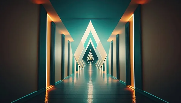 A cool and futuristic hallway with a trippy triangular form, a mesmerizing and mind-bending illustration.