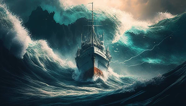 A small boat facing giant waves, a fantasy of courage illustrated in a breathtaking and adventurous scene.