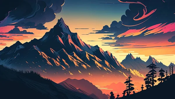 A stunning illustration of a mountain range against a dramatic sunset, a breathtaking and awe-inspiring scene.