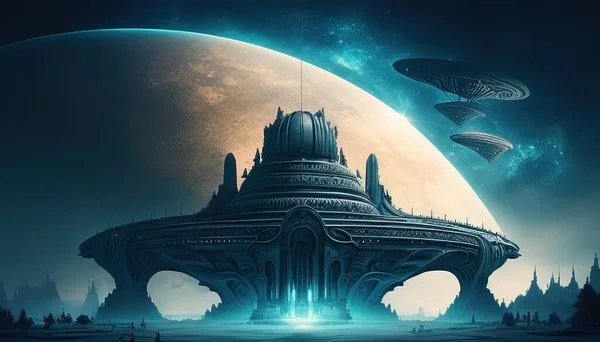 An illustration of ancient cities witnessing a surreal scene with a sci-fi alien, a mysterious and fascinating depiction of the unknown.
