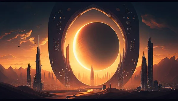Futuristic cityscape with eclipse in background