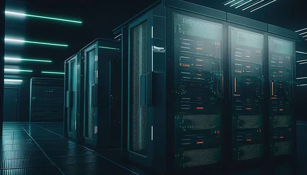 Futuristic server room with racks and equipment, showcasing advanced technology.