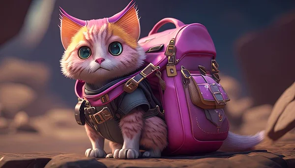Adorable cat wearing a pink backpack ready for an adventure