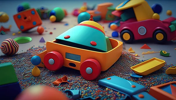 colorful children toys scatter on floor digital art illustration