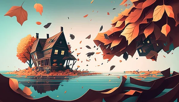 house with falling leaves scene digital art illustration