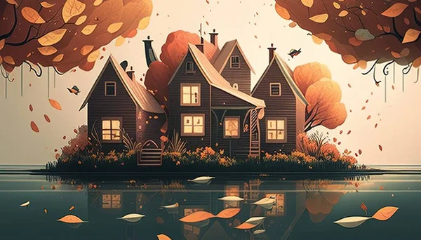 house with falling leaves scene digital art illustration