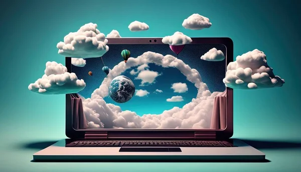 laptop clouds digital art illustration