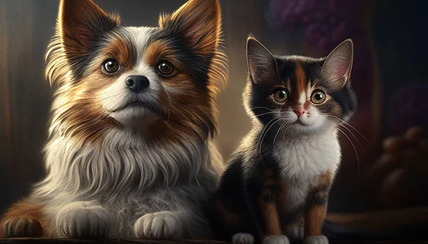 cat and dog portrait digital art illustration