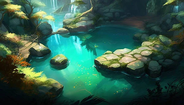 pond in the forest digital art illustration