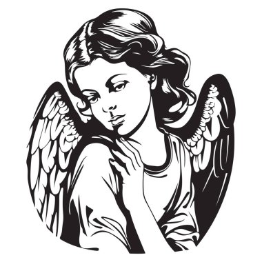 Kız melek maskotu logosu, elle çizilmiş illüstrasyon. Logo, Duvar Kağıdı, Banner, Arkaplan, Kart, Kitap İllüstrasyonu, Tişört Tasarımı, Etiket, Kapak, vb.