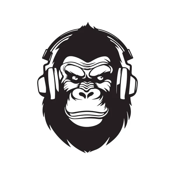 大猩猩耳机吉祥物标志 手绘插图 适用于标志 T恤衫设计 封面等 — 图库矢量图片