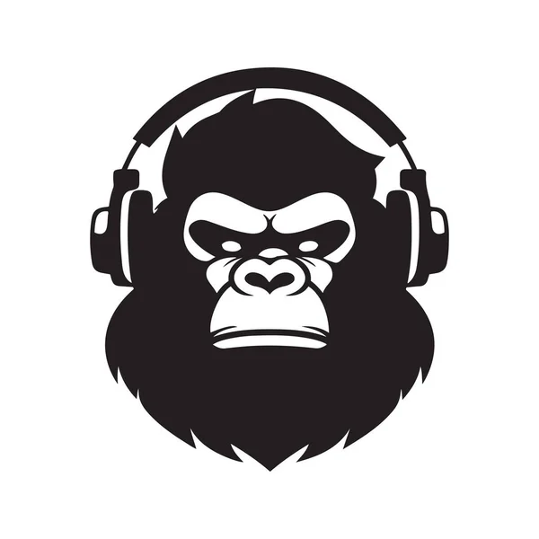 大猩猩耳机吉祥物标志 手绘插图 适用于标志 T恤衫设计 封面等 — 图库矢量图片