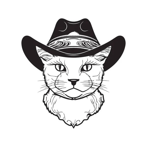 Katze Mit Cowboyhut Maskottchen Logo Handgezeichnete Illustration — Stockvektor