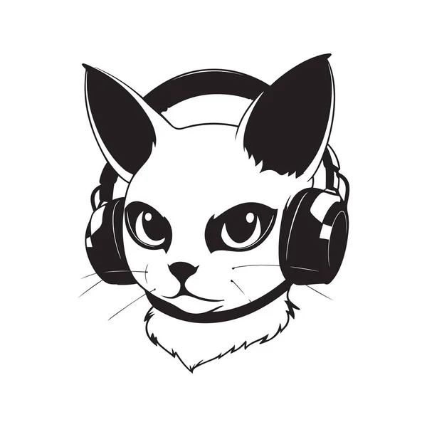 Gato Fones Ouvido Logotipo Mascote Ilustração Desenhada Mão — Vetor de Stock