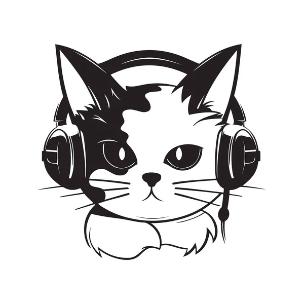 猫在耳机吉祥物标志 手绘插图 — 图库矢量图片
