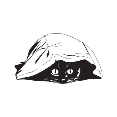 Kedi bir maskot logosunun altında saklanıyor, el çizimi illüstrasyon